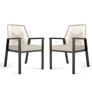 PHI VILLA Patio Wicker Chair Sets of 2, Outdoor Dining Chairs with 3.1 inch Seat Cushions, Sturdy Metal Frame & Wood Grain Armrest, Beige Furniture Home