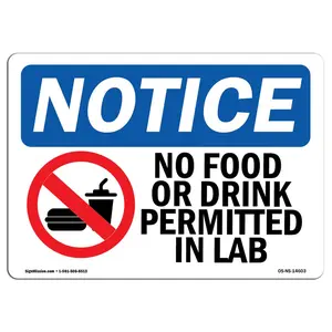 SignMission  OSHA Notice Sign - No Food or Drink Permitted in Lab