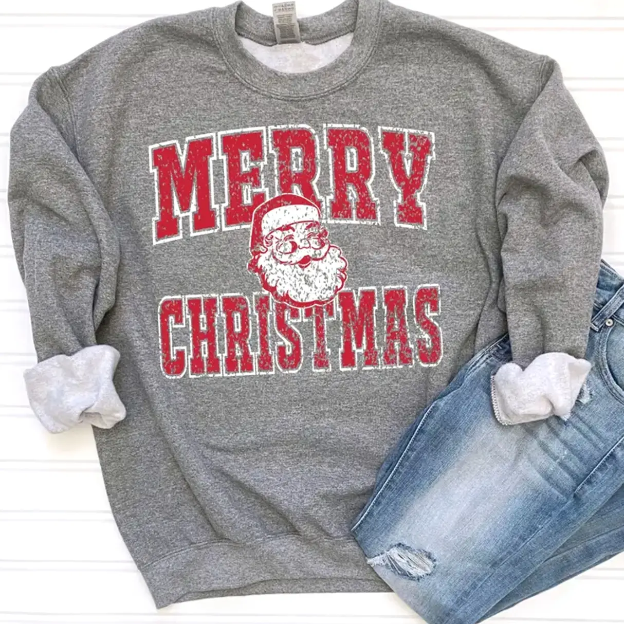 Women's Retro Santa Sweatshirt or Hoodie, Christmas Graphic Print Pullover, Unisex Loose Fit Round Neck, Cotton/Poly Blend, Personalized, Baggy, Black, Casual, Classic