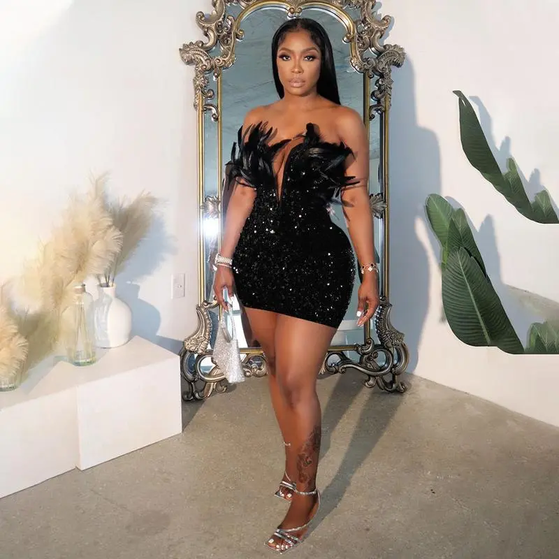 Sequin Deep V-Neck Strapless Feather Bodycon Short Dress Casual Womenswear Formal Elegant Slit Hem Black