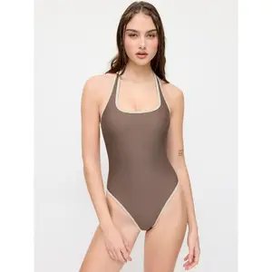 Cider High Stretch Halter Neck Contrast Trim One-piece Swimsuit
