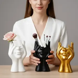 Modern Abstract Face Vase, Makeup Brush Holder, Art Sculpture, Decorative Floral Desktop Flower Container, Home Decorative Vase, Suitable for Women's Cosmetics