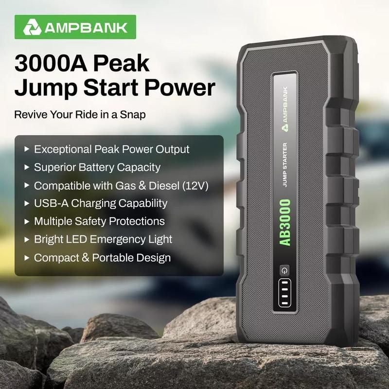 AMPBANK Upgraded AB3000 Jump Starter Portable, 3000A Battery Charger Power Bank ,compatible with 12V cars, SUVs, motorcycles ,lawn mowers