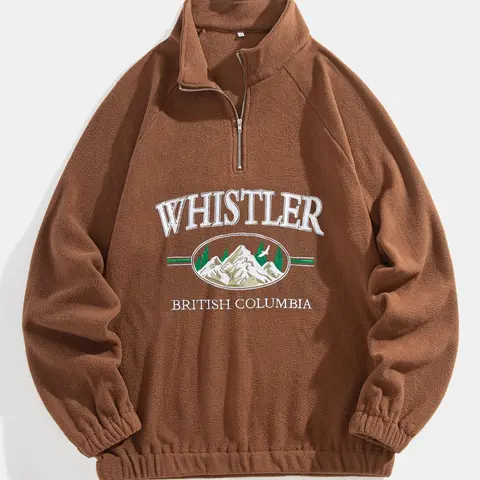 Men's Landscape & Letter Print Zip Front Fleece Sweatshirt, Loose Casual Raglan Sleeve Stand Collar Pullover for Fall & Winter, Men's Clothes for Daily Wear, Winter Fashion Clothing, Warm Casual Outerwear