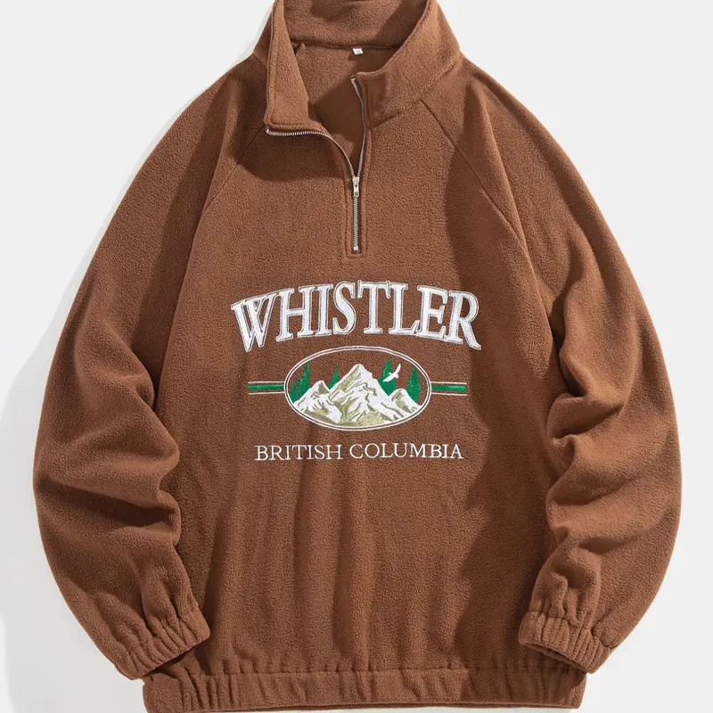Men's Landscape & Letter Print Zip Front Fleece Sweatshirt, Loose Casual Raglan Sleeve Stand Collar Pullover for Fall & Winter, Men's Clothes for Daily Wear, Winter Fashion Clothing, Warm Casual Outerwear