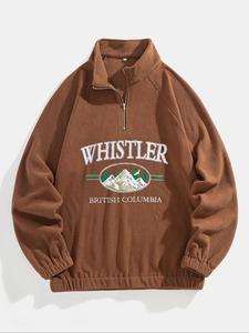 men's landscape & letter print zip front fleece sweatshirt, loose casual raglan sleeve stand collar pullover for fall & winter, men's clothes for daily wear, sweatshirts for men, vintage football sweatshirts, long sleeve tops