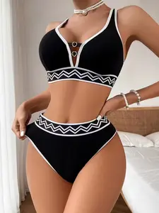 Women's Bikini Elegant Fashion Swimsuit Deep V Gathered Swimwear Casual Beach Vacation Party High Waist Tummy Control Bathing Suit Bikini Sets, Bikinis Sets, Bikini Swimsuits