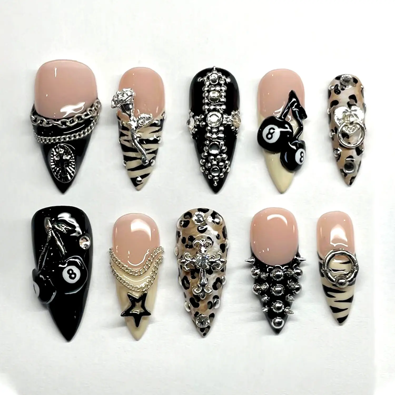 S211 Nailed by Vibe Leopard Punk Press-On Nails, 3D Cross & Chains, Black & Nude Contrast, Bold Handmade Nail Set, Gift For Her, Handmade Nail