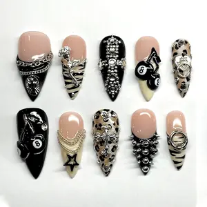 S211 Nailed by Vibe Leopard Punk Press-On Nails, 3D Cross & Chains, Black & Nude Contrast, Bold Handmade Nail Set, Gift For Her, Handmade Nail