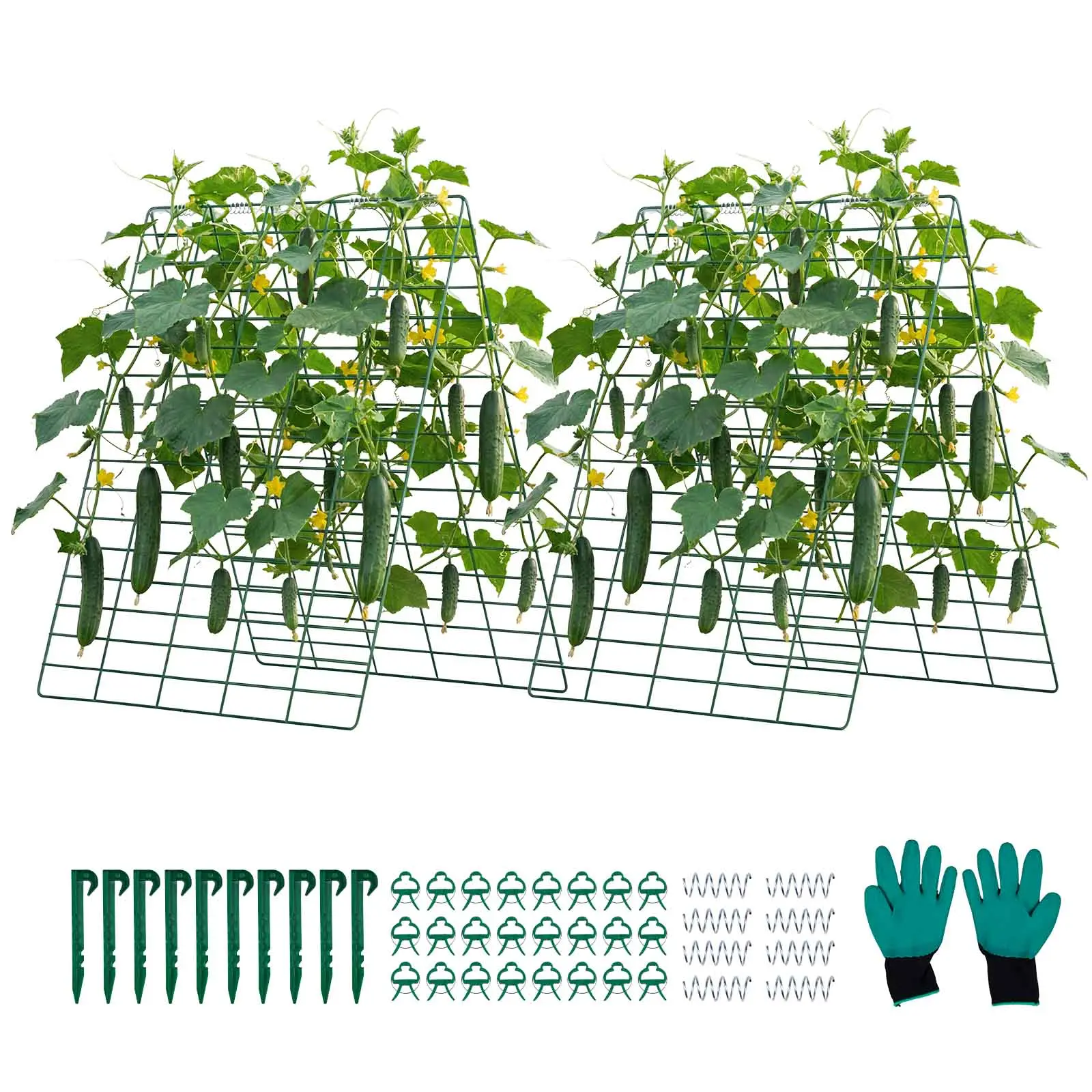 【SummerFinds】VEVOR 4-Pack A-Frame Cucumber Trellis, Rustproof Metal Raised Bed Support with Rust-Resistant Finish Reduces Upkeep, 27.56×35.43in Mesh Climbing Plant Stand, 10 Fixing Hooks, 24 Plant Clips, 1 Pair of Gloves, Garden Accessory for Farms, Climb