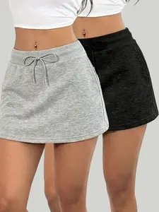 Women's 2-Pack Drawstring Short Skirt Set, Slim Fit Casual Plain Design, Perfect for Home Wear, Beach Travel, Commuting