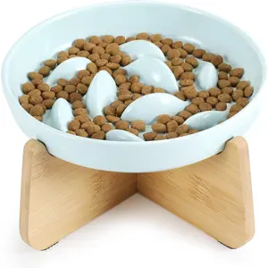 Slow Feeder  Bowl with Stand, Ceramic Slow Eating  Bowl with Higher Edges Fish Pool Design Elevated Cats  Bowls for Dry and Wet  Anti-Vomiting Puzzle Feeder for  Eating Diet