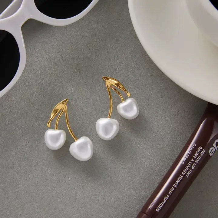 The Golden Cherry Pearl Drops - Gold-Tone Stainless Steel Earrings with Pearl-Style Drops, Waterproof & Tarnish-Resistant, Hypoallergenic, Lightweight for All-Day Wear