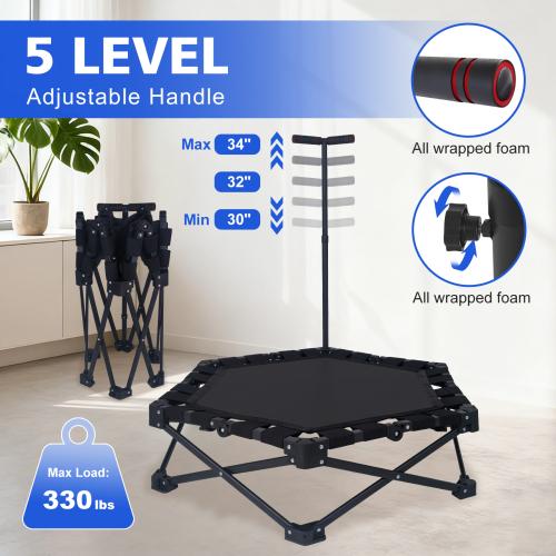 37" Foldable Mini Trampoline One-Step Fold & Open Rebounder Trampoline for Adults 330lbs Max Load 3-Level Adjustable T-Bar Indoor & Outdoor Workout