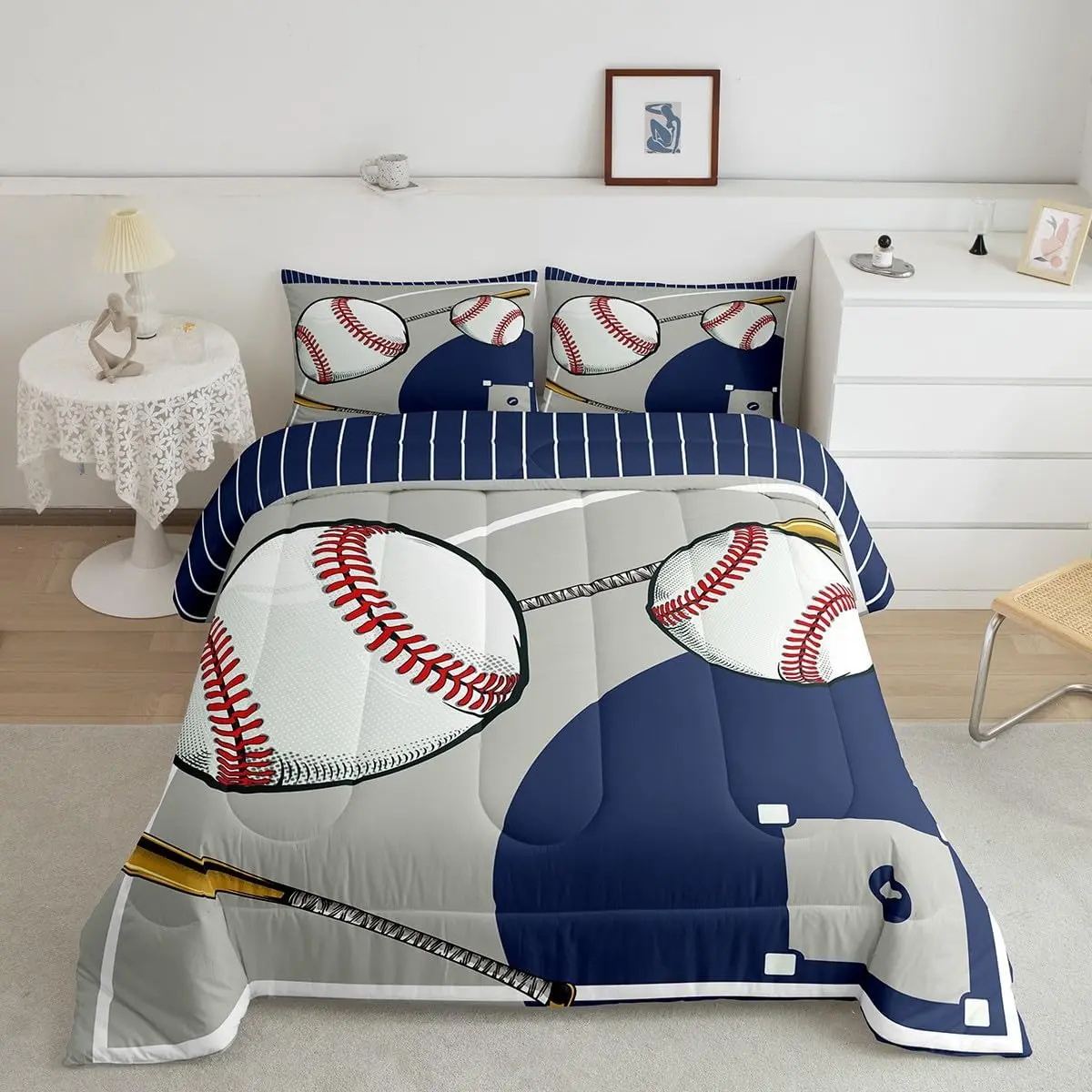 Feelyou Baseball Themed Queen Quilt Bedding Set - Color-Themed Blue Duvets & Sets, Warm Breathable Soft Bed Blanket, Skin Friendly, Blue Gray Designer Luxury Sports Bedding, Machine Washable, Multi-Size Options Available, Skin Friendly Blanket