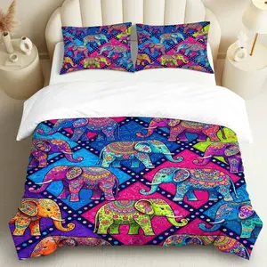 3PCS Duvet Cover Set, 1 Duvet+2 Pillowcases(Without filler), Colorful Elephant Bohemian Mandala Artistic Ethnic theme, Diwali bedding set, Vibrant Indian Style Suitable for decoration bedroom, guest room, dormitory, living room.