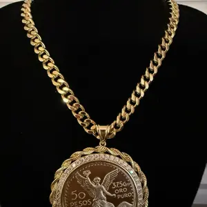 Xuping 14k Gold Plated Chain Necklace 18 Inches 7mm with 50 Pesos Coin Pendant High Quality Elegant Jewelry