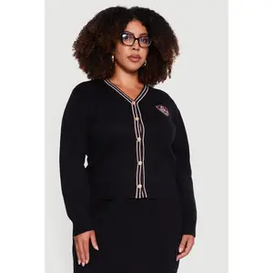 Plus Size Striped Trim Teddy Bear Button Front Cardigan