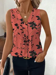 Vintage Floral Print V-Neck Ladies' Sleeveless Casual Shirt, Summer