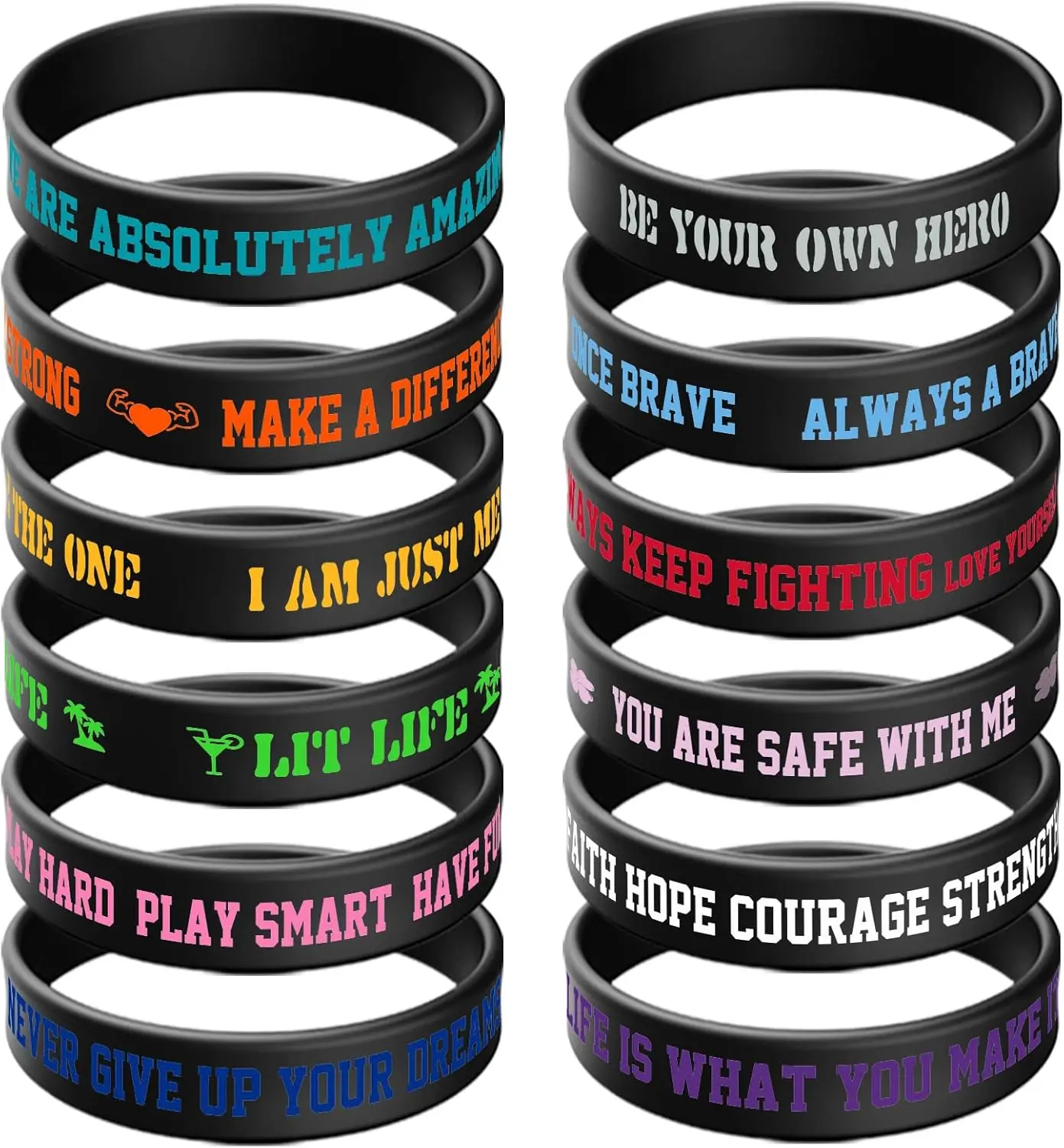 12-Pack Sporty Wristbands, Stretch Unisex Silicone Rubber Bracelets with Motivational Quotes, Colored Sports & Outdoor Accessories, Gifts for Men & Women Teens, Sporty Sports Wristbands