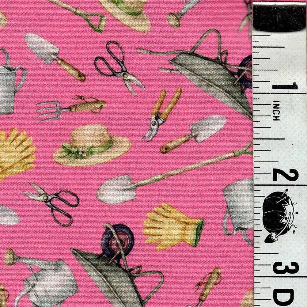 5-Yard Continuous Fabric Cuts Garden Tools on Hot Pink – Endless Possibilities!