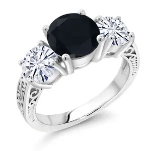 Gem Stone King 3.25 Cttw Black Onyx and White Moissanite 3-Stone Engagement Ring For Women | 925 Sterling Silver | Round 8MM | Gemstone December Birthstone