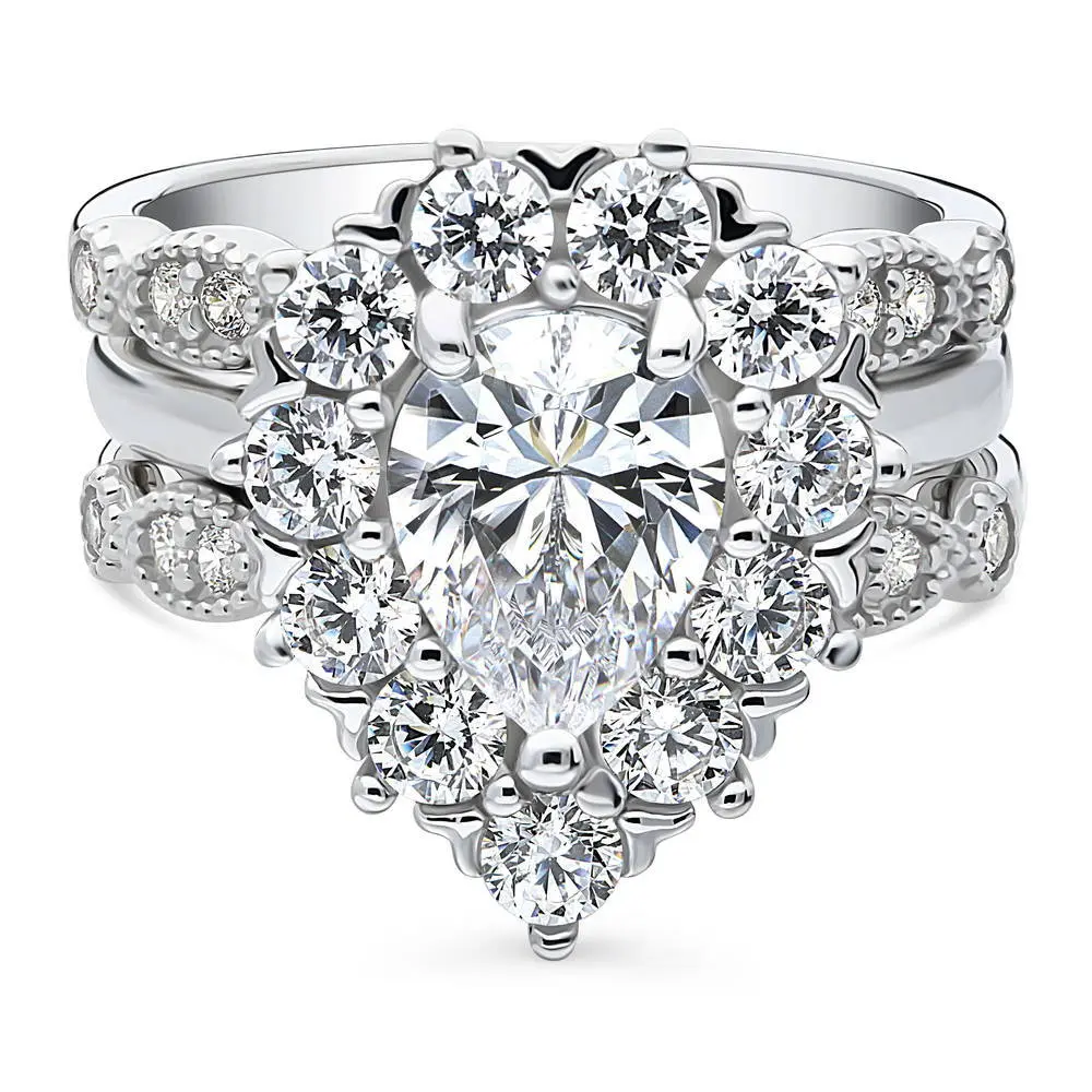 BERRICLE Sterling Silver Halo Milgrain Art Deco Engagement Rings Statement Stackable Band for Women, Pear Cut Cubic Zirconia CZ Ring Set