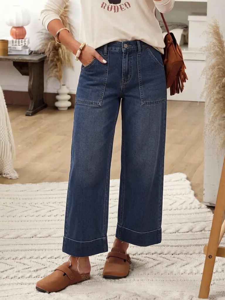 High Rise Patch Pocket Cuffed Cropped Wide Leg Jeans For Women Vintage Loose Denim Pants