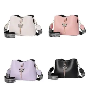 Women's Leather Handbags Designer Bucket Bags with Butterfly Decor & Geometric Strap Crossbody Bag in White Pink Purple Black