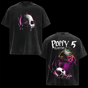 Poppy 5 Playtime – Washed Horror Graphic T-Shirt with Creepy Puppet Doll and Glitch Monster Back Print in Heavy Cotton Vintage Fit for Dark Gamer Streetwear Fans