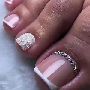 Press on Toenails French Tips Toe Nail Press ons Fake Toe Nails False Toenails Full Cover Acrylic Glue on Toe nails with Designs Rhinestones Toe Press on Nails Stick on Toe nails for Women Manicure