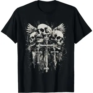 180g[100%cotton] Skull Cross Y2K Goth Alt Grunge Gothic Emo Aesthetic T-Shirt Fabric Menswear Religious Cross Print Casual T-Shirt