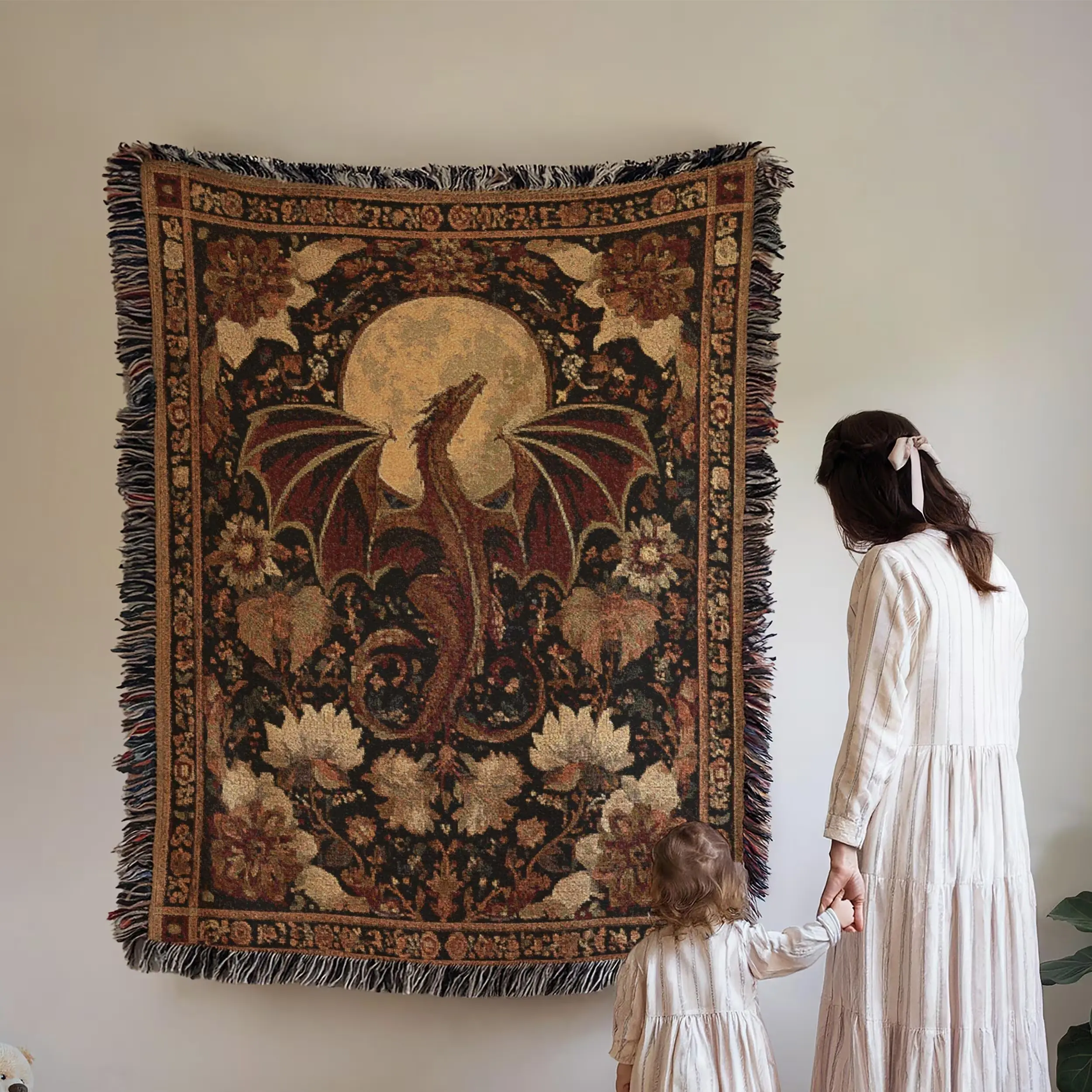 Medieval Dragon Woven Blanket, Dragon Cottagecore Tapestry Throw, Mythical Home Decor, Dark Academia Cotton Bed Cover, Fantasy Lover Gift