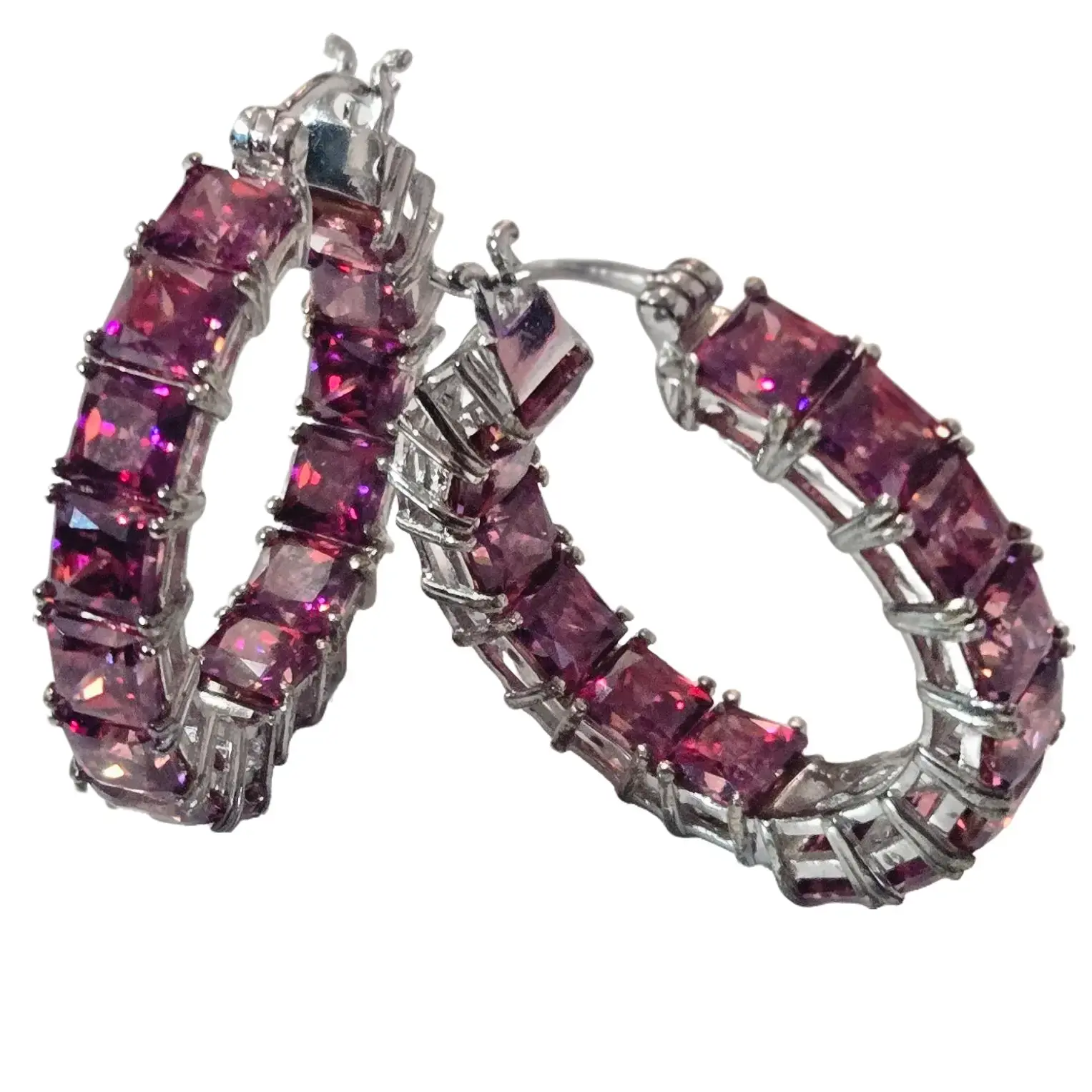 Dark Red Zirconia by Swarovski Hoop Earrings | 37.65 CTW | Rhodium Over Sterling Silver