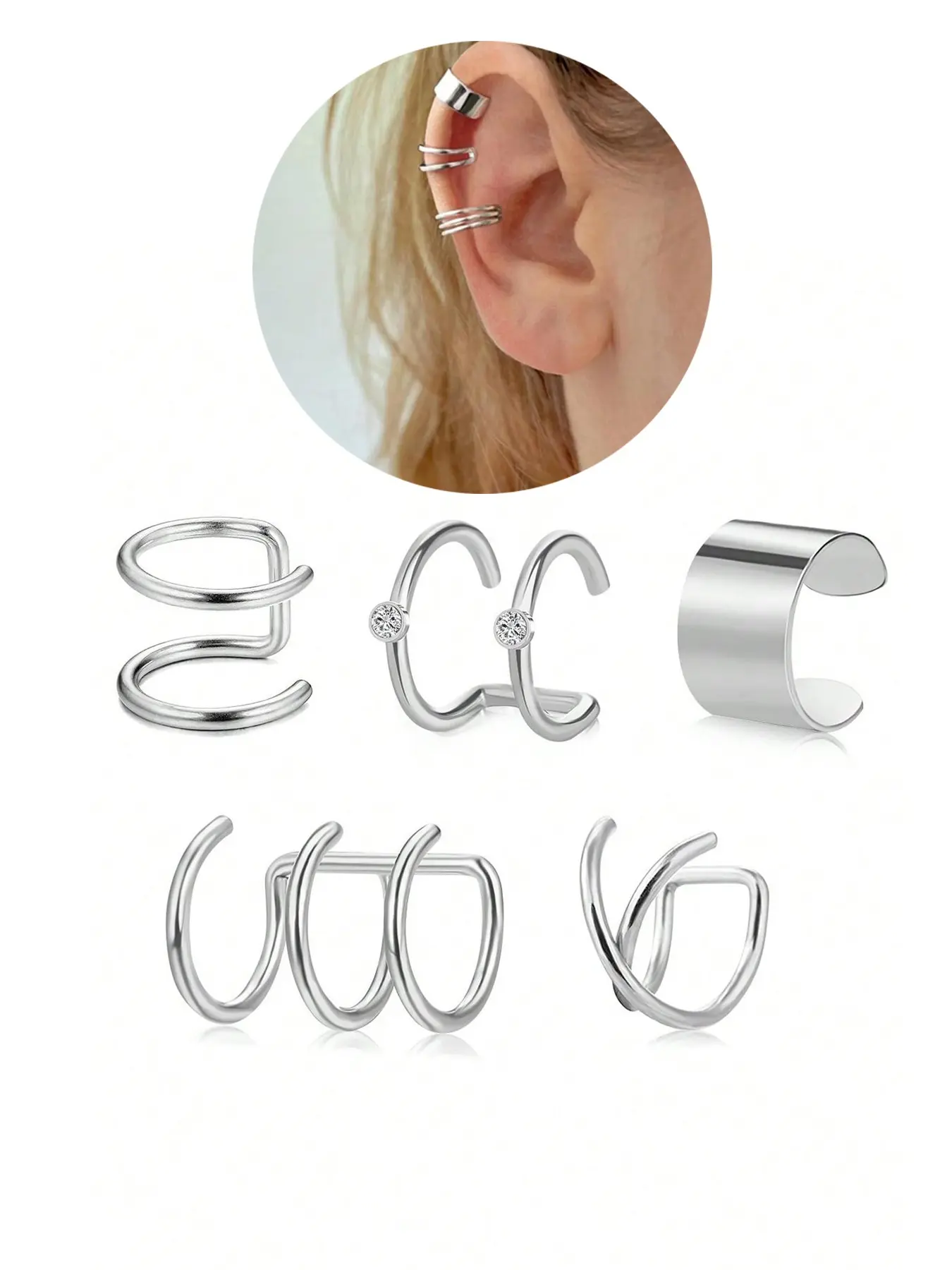 5pcs/SET Stainless Steel Ear Cuff Fake Helix Cartilage Clip On Wrap Earrings Fake Lip Ring Non-Piercing Adjustable Ear Cuff Men Women Earcuff Ear Accessories