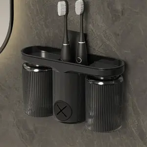 Wall Mounted Toothbrush Holder, Punch Free Toothbrush Storage Rack with 2 Cups, Bathroom Organizer for Toothbrush & Cup
