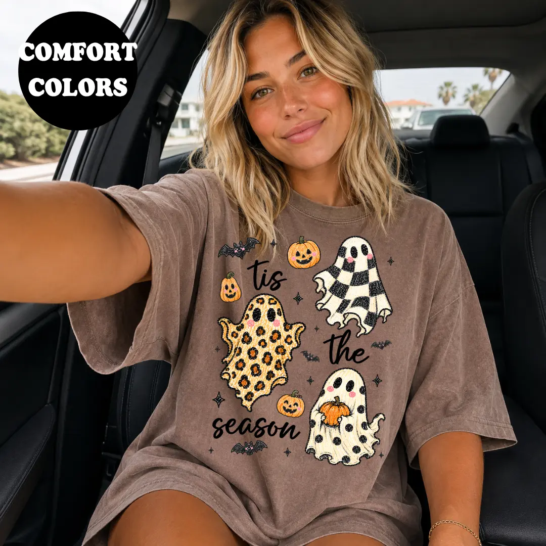 Tis the Season Shirt, Comfort Colors shirt, Spooky Season Shirt, Checkered Ghost Shirt, Leopard Ghost Shirt, Halloween Tees, Trendy Shirt, Comfort Colors Graphic Tee, Womens Oversized Shirt, Trendy Summer Tee, Graphic Shirt for her
