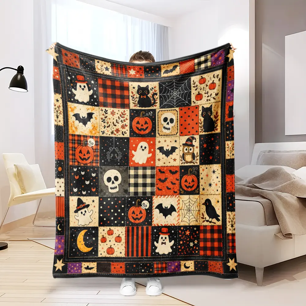 Soft Funny Throw Blanket Halloween Premium Quilt Blanket, Black Cat in Teapot Pumpkin Ghost Haunted House Floral Patchwork Throw, Cozy Flannel Bedding Blanket for Autumn Bedroom Decor, Sofa Couch Bed, Spooky Fall Home Gift