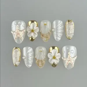 Summer Beach Press On Nails 3D Handmade Starfish Shell Vacation Ocean Nails Gif For Her