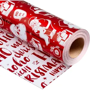 Reversible Christmas Wrapping Paper Roll,Red Wrapping Paper, Metallic Foil Red Santa, HOHO  Holiday  Wrap Paper for Christmas, Party, Celebration,  Year (17 Inch X 33 )
