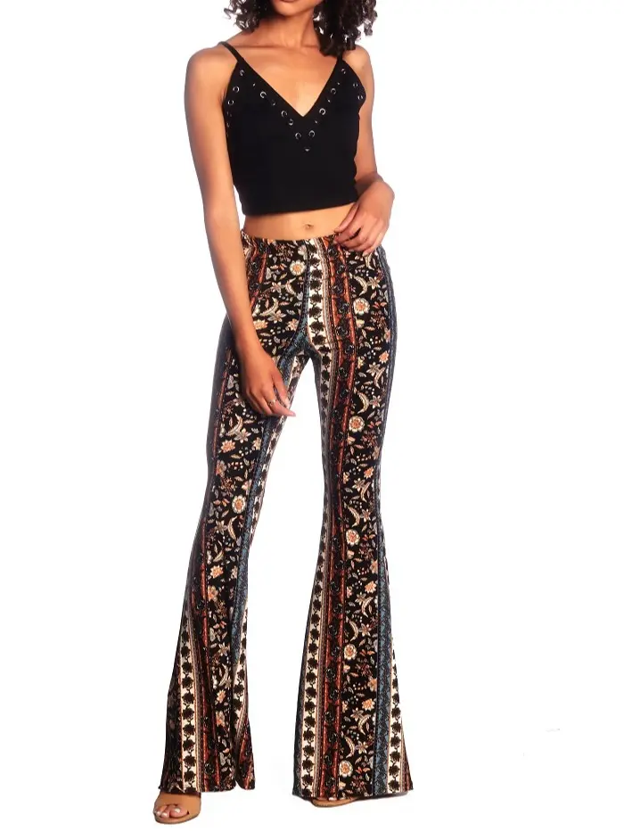 SWEETKIE Boho Flare Pants, Elastic Waist, Wide Leg Pants for Women, Solid & Printed, Stretchy and Soft