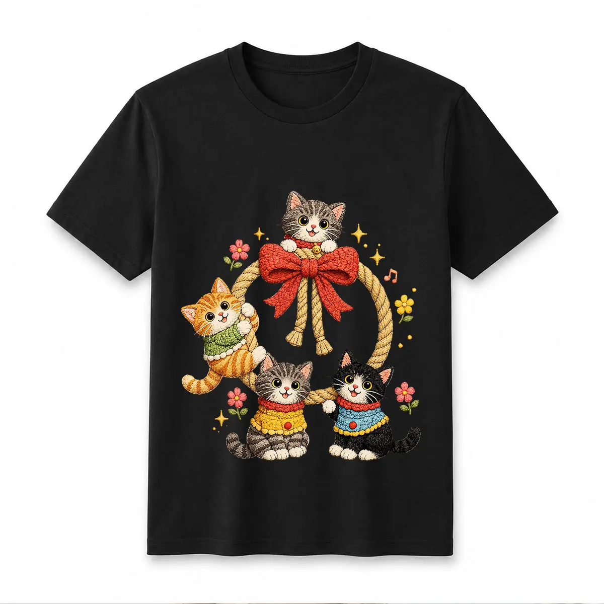 Men's Oversized Combed Cotton Shortsleeve T-Shirt, Embroidered Cat Floral Graphic, Kawaii Cottagecore Casual Top, Tag-Free with Flat-Lock Seams, Soft, Tshirt, Fabric, Embroidery, Menswear, Brunch, Minimalist, Oversize Fit, 2Xl