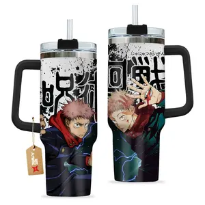 STORMMECH- Yuji 40oz Handle Tumbler – JJK Stainless Steel Travel Mug, Anime Inspired Vacuum Insulated Cup, Large Iced Coffee Tumbler, Manga Fighter Drinkware, Otaku Gift for Him Her