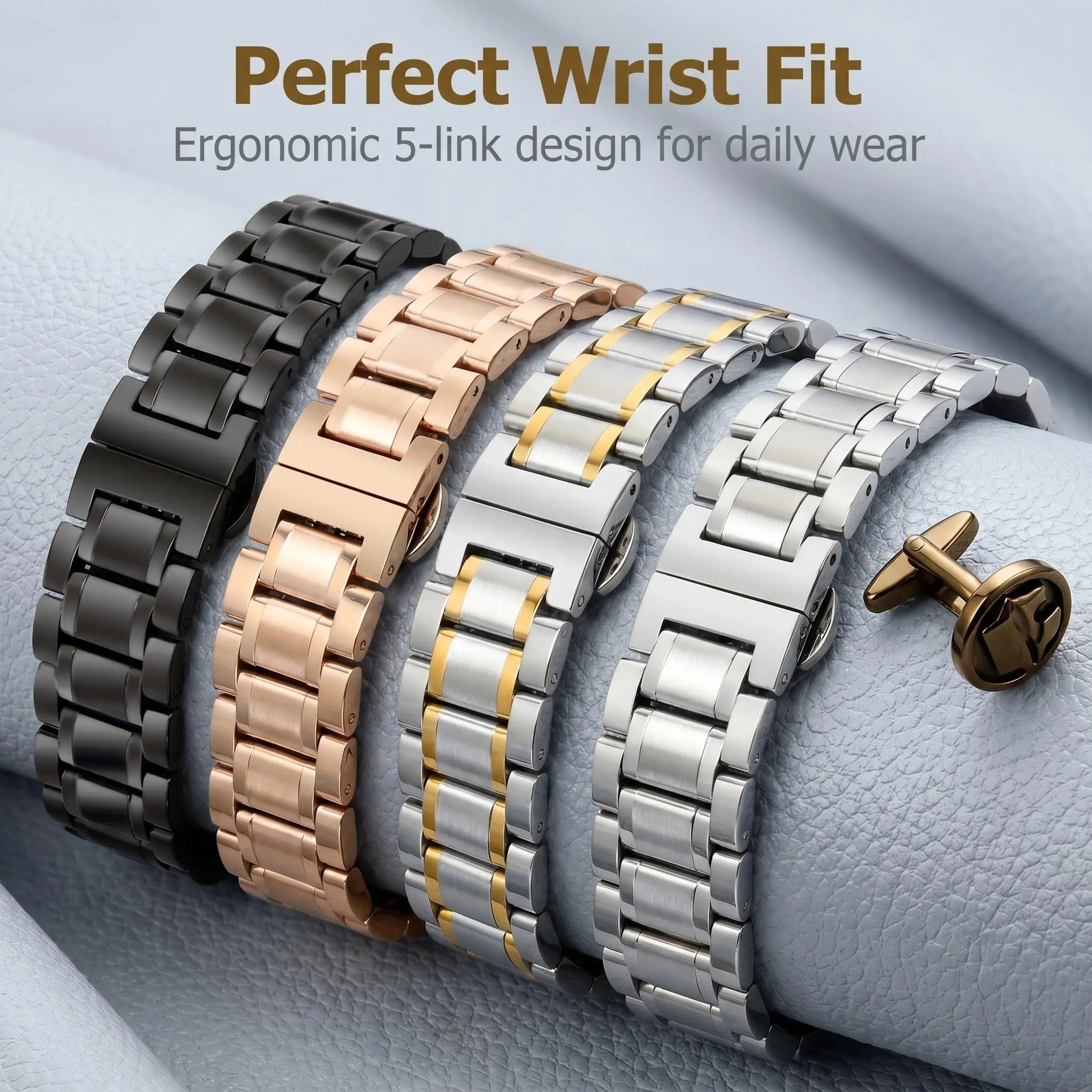 5‑Link Stainless Steel Watch Band, Double Push Butterfly Clasp Metal Strap, Multi‑Color Replacement Bracelet For Men & Women Watches, Adjustable Watch Accessories