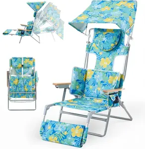 Adult Folding Beach Backpack Chair with Canopy Sun Shade, Footrest, 5-Position Adjustment, Face & Arm Holes, Double Shoulder Straps, Portable for Pool & Beach