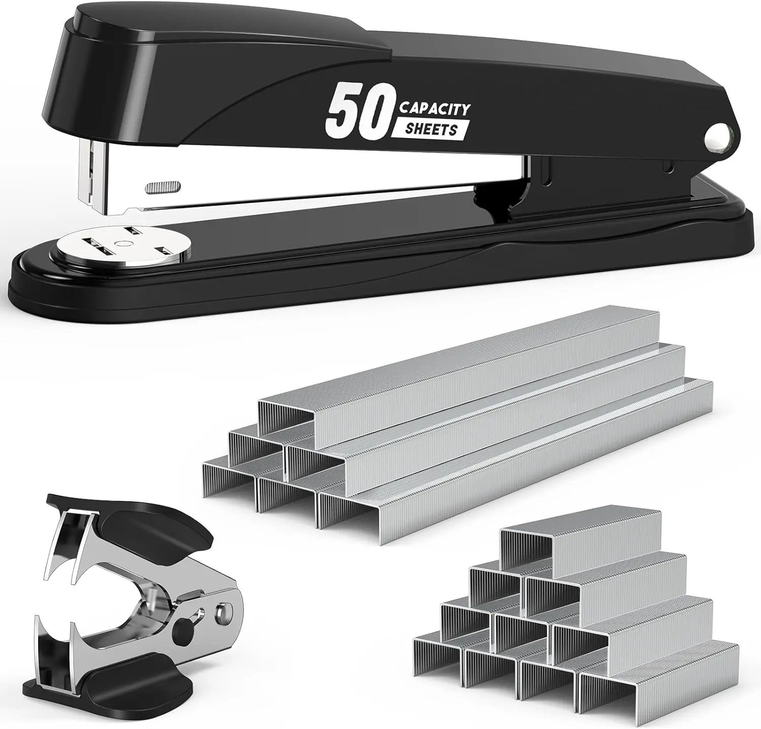 Heavy Duty Metal Stapler with 50 Sheet Capacity, 1750 Staples and Staple Remover for Office & Classroom, Black