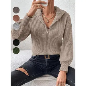 Women’s solid-color off-shoulder sweater with half zipper, spring–autumn casual long-sleeve collared jumpsuit-style sweater, fashionable women’s knit sweater, women’s GARMENTARY