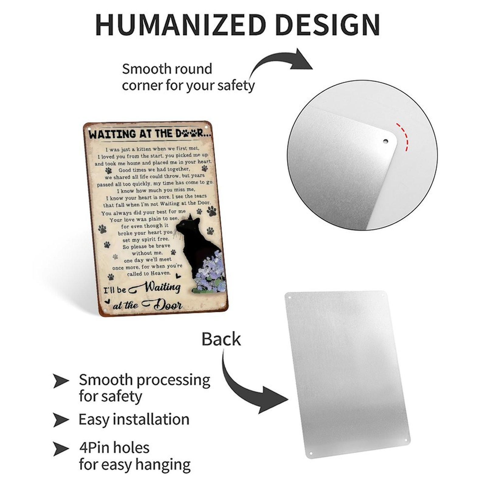 Waiting At The Door Cat Memorial Metal Sign, 8x12 Inch Vintage Black Cat Pet Loss Aluminum Tin Sign, Sympathy Poem Wall Art Decor with Pre-drilled Holes for Cat Lover Home Decor