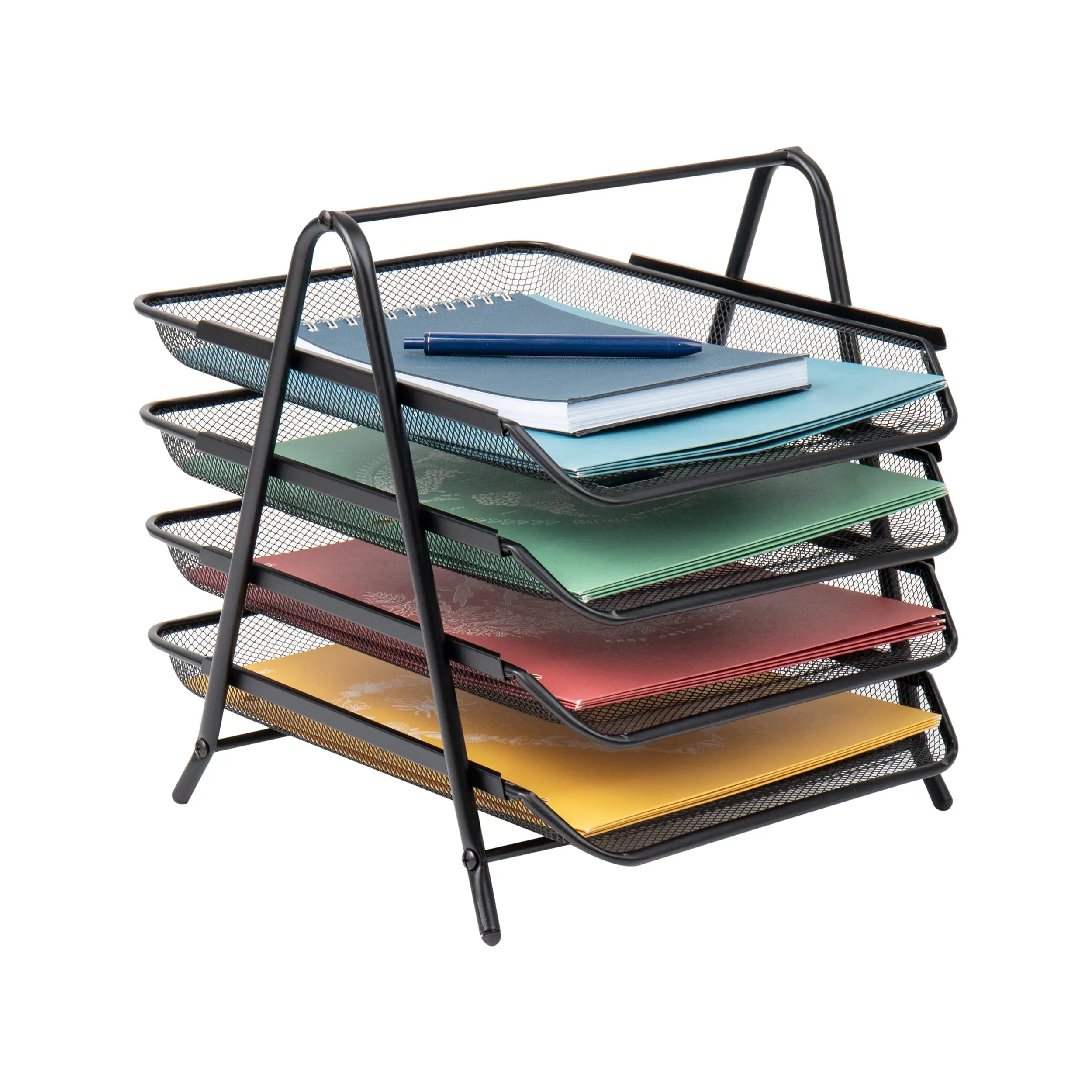 4-tier Paper Tray  Desktop Organizer File Storage Workspace Office Metal Mesh 12"l X 13.75"w 12.5"h Black