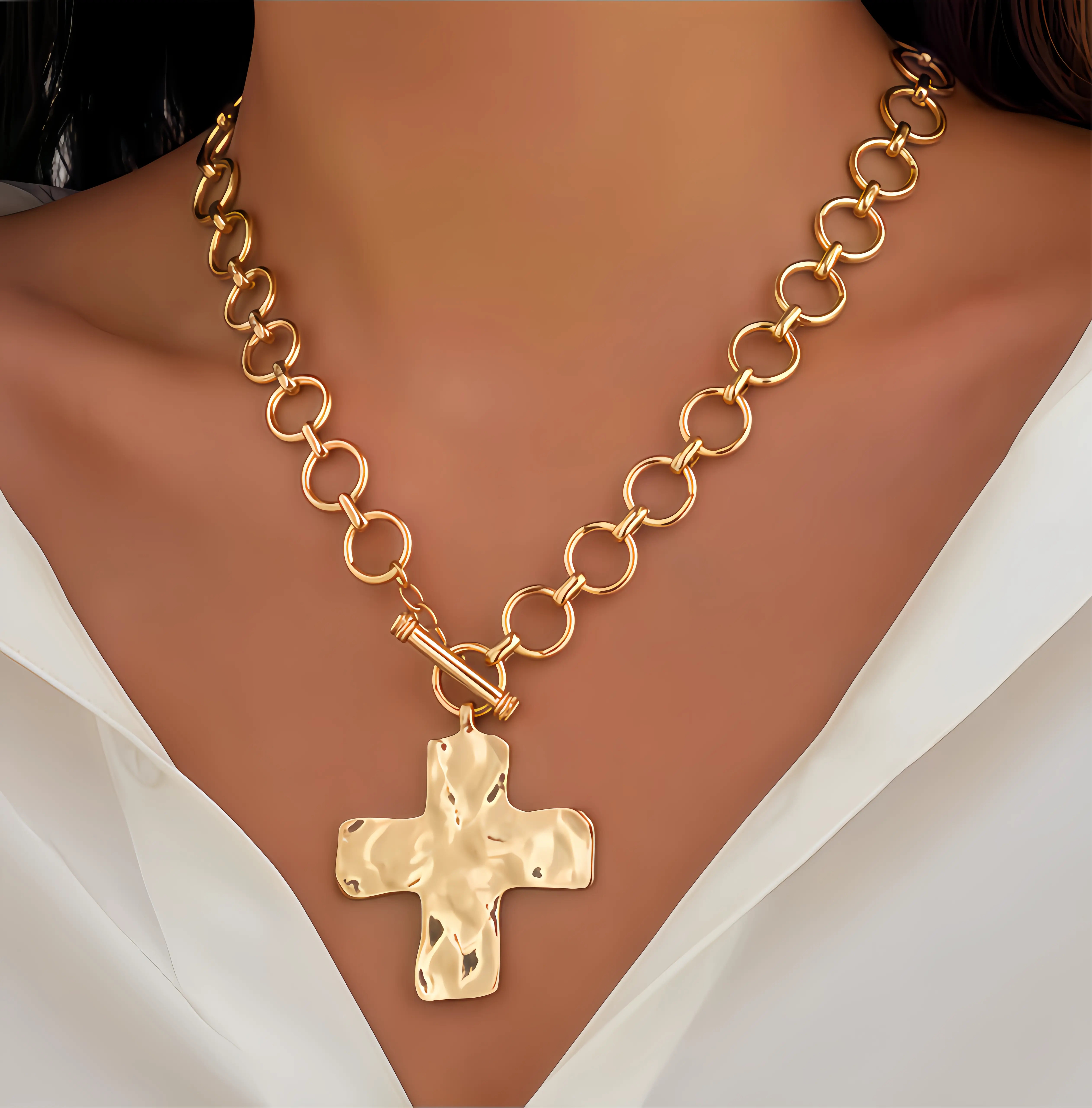 Women's Chunky Cross Necklace (Gold & Silver) | Toggle Clasp Pendant, Layerable Design | Hammered Thick Chain, Eye-Catching Choker | Perfect Gift for Girlfriend & Best Friend